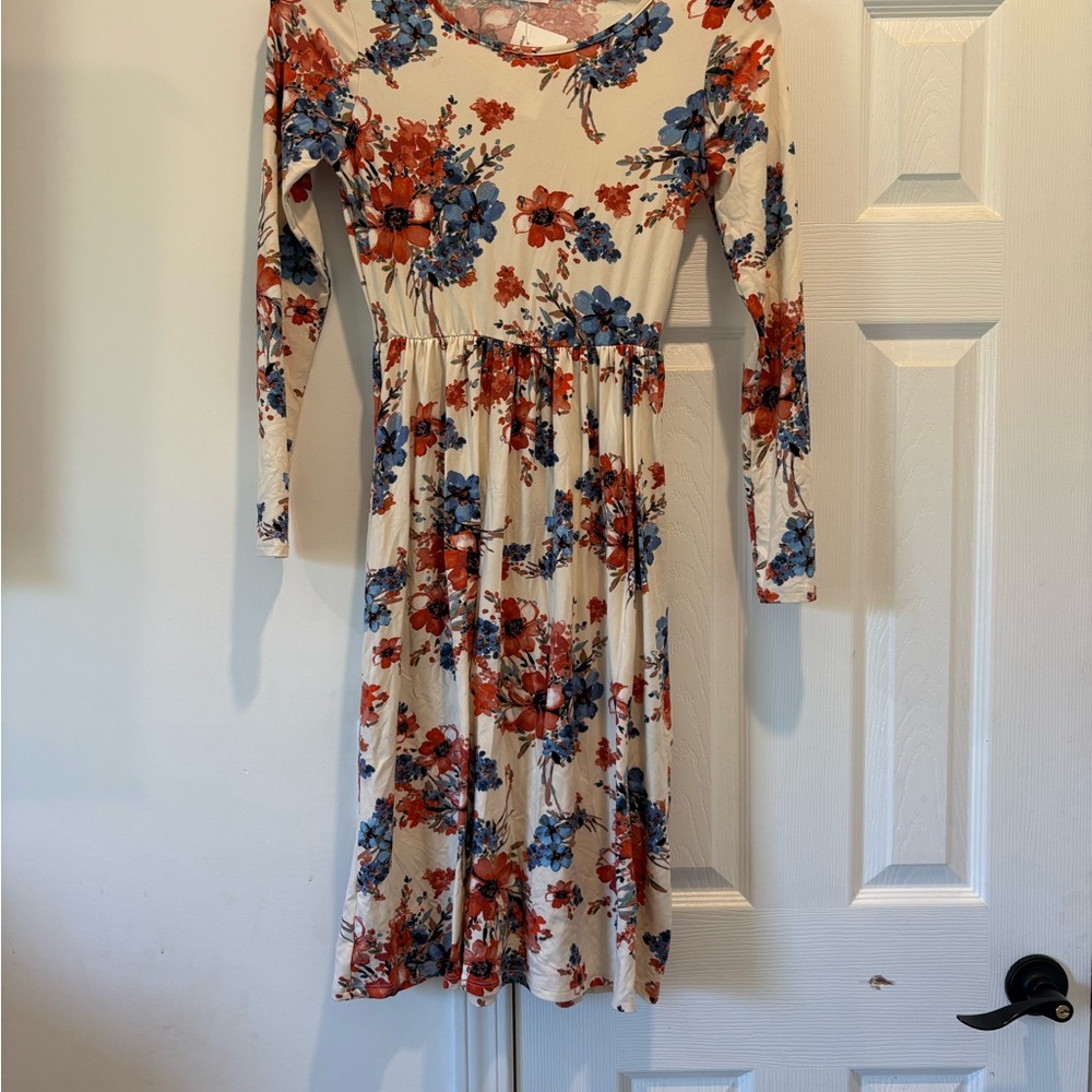 Floral Long-Sleeve Cream Dress with Blue & Rust Flowers